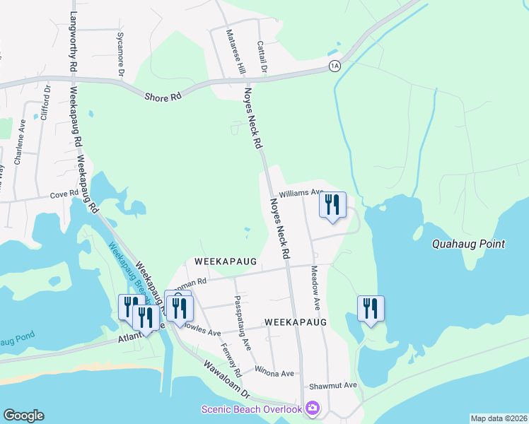 map of restaurants, bars, coffee shops, grocery stores, and more near 37 Noyes Neck Road in Westerly
