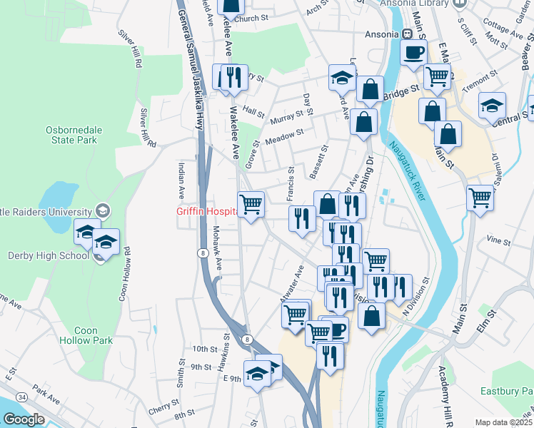 map of restaurants, bars, coffee shops, grocery stores, and more near 130 Division Street in Derby