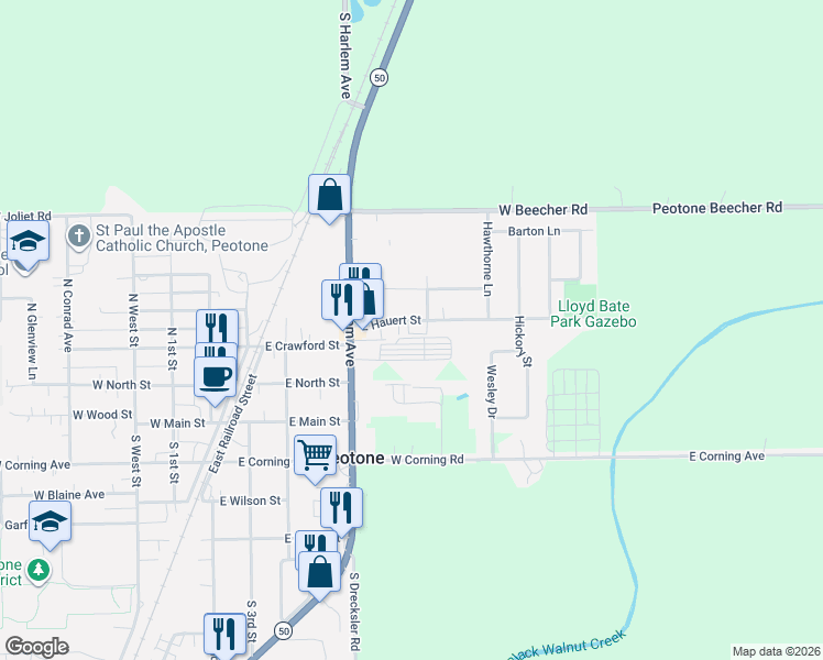 map of restaurants, bars, coffee shops, grocery stores, and more near 301 South Harlem Avenue in Peotone