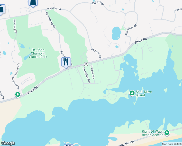 map of restaurants, bars, coffee shops, grocery stores, and more near 18 Pondview Avenue in Westerly