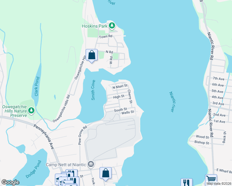 map of restaurants, bars, coffee shops, grocery stores, and more near 11a Spring Street in East Lyme