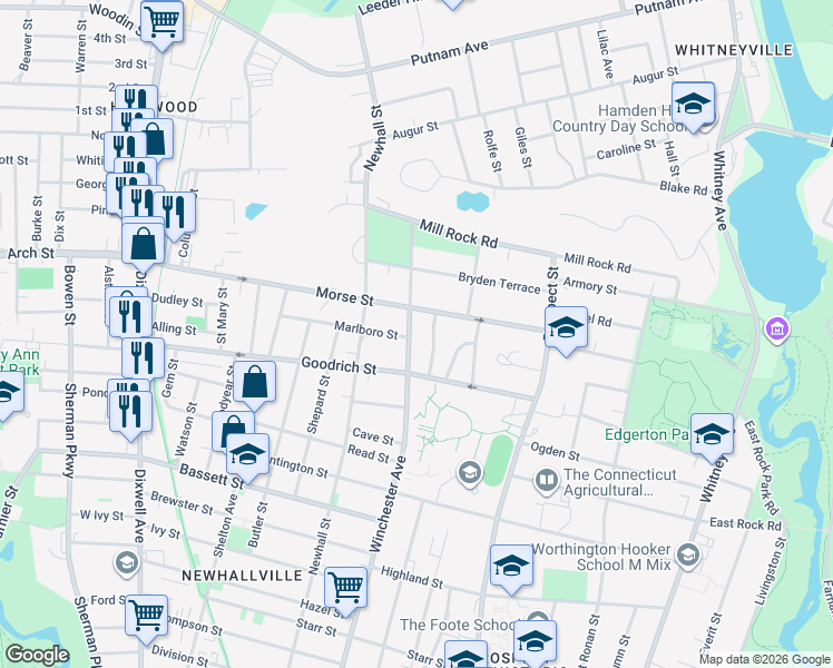 map of restaurants, bars, coffee shops, grocery stores, and more near 26 North Sheffield Street in Hamden