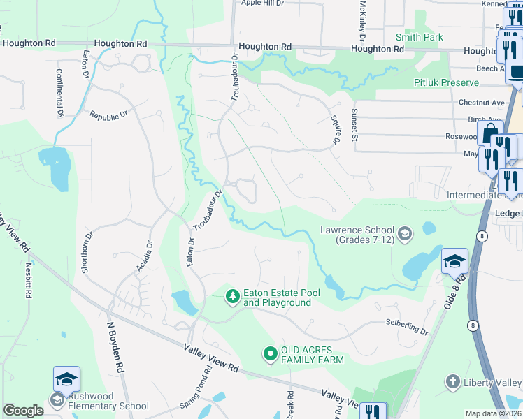 map of restaurants, bars, coffee shops, grocery stores, and more near 405 Woodside Drive in Northfield