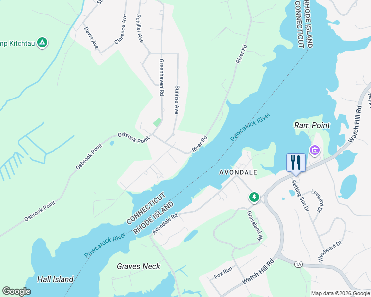map of restaurants, bars, coffee shops, grocery stores, and more near 606 Greenhaven Road in Stonington