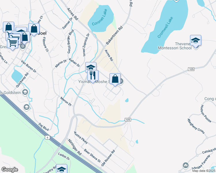 map of restaurants, bars, coffee shops, grocery stores, and more near 6 Toltchav Way in Kiryas Joel
