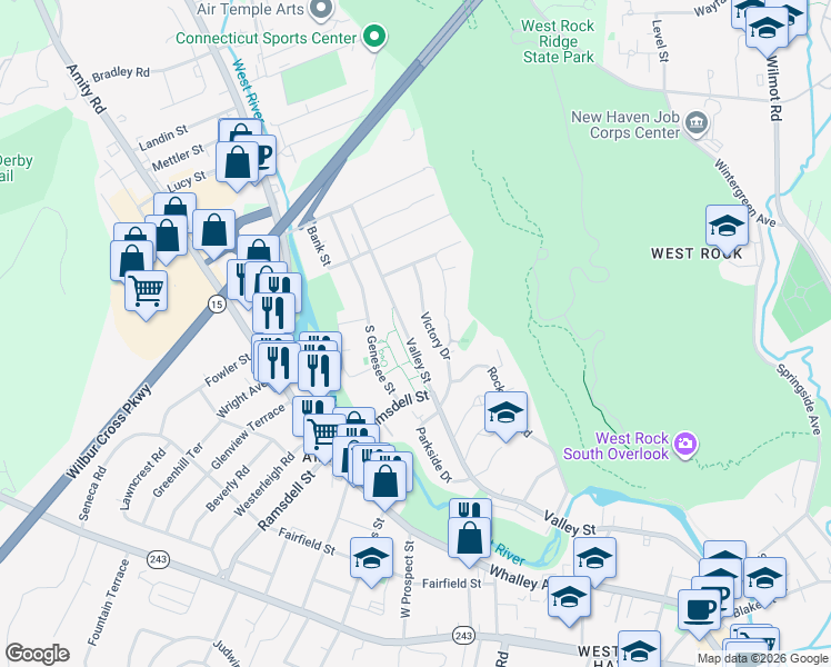 map of restaurants, bars, coffee shops, grocery stores, and more near 485 Valley Street in New Haven