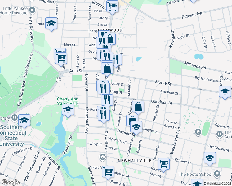 map of restaurants, bars, coffee shops, grocery stores, and more near 400 Goodrich Street in Hamden