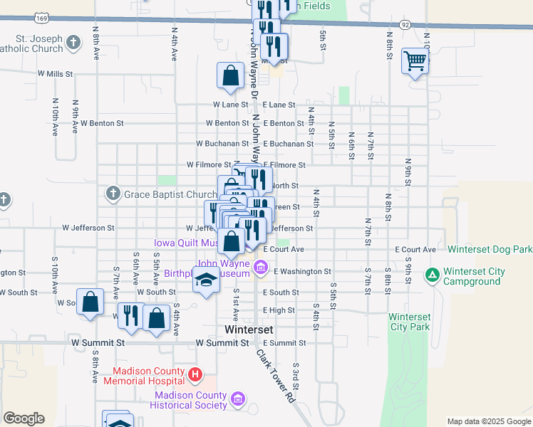 map of restaurants, bars, coffee shops, grocery stores, and more near 111 East Jefferson Street in Winterset