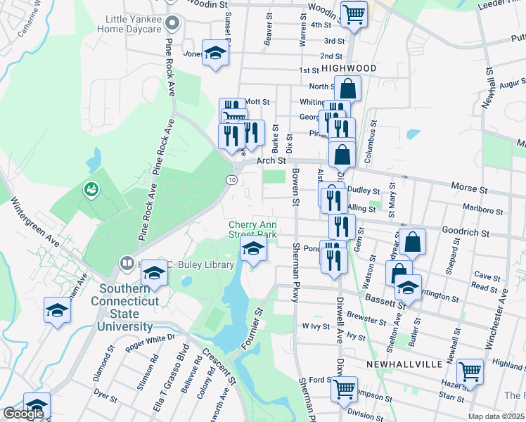 map of restaurants, bars, coffee shops, grocery stores, and more near 150 Cherry Ann Street in New Haven