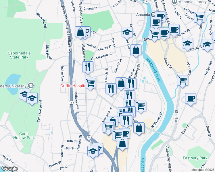 map of restaurants, bars, coffee shops, grocery stores, and more near 9 Page Street in Ansonia