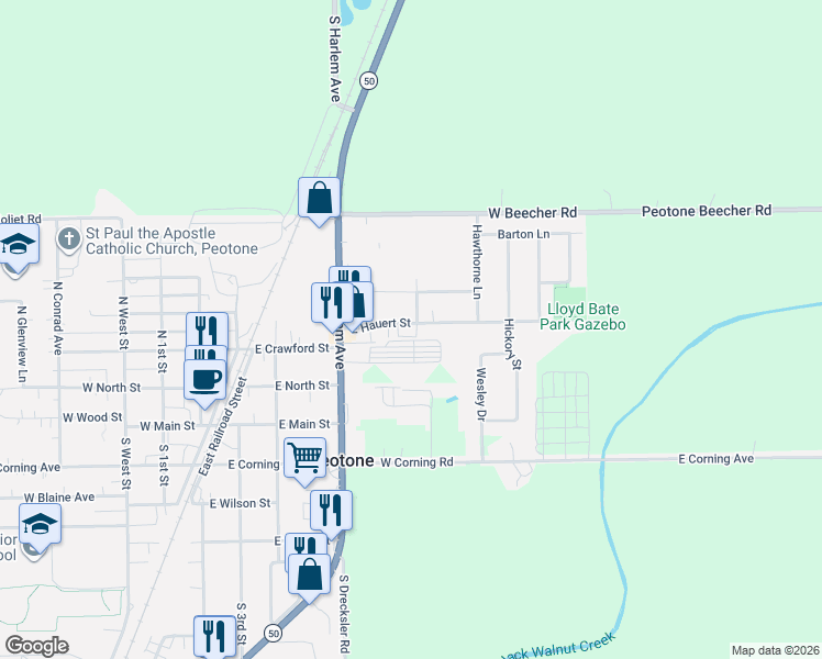 map of restaurants, bars, coffee shops, grocery stores, and more near 301 South Harlem Avenue in Peotone