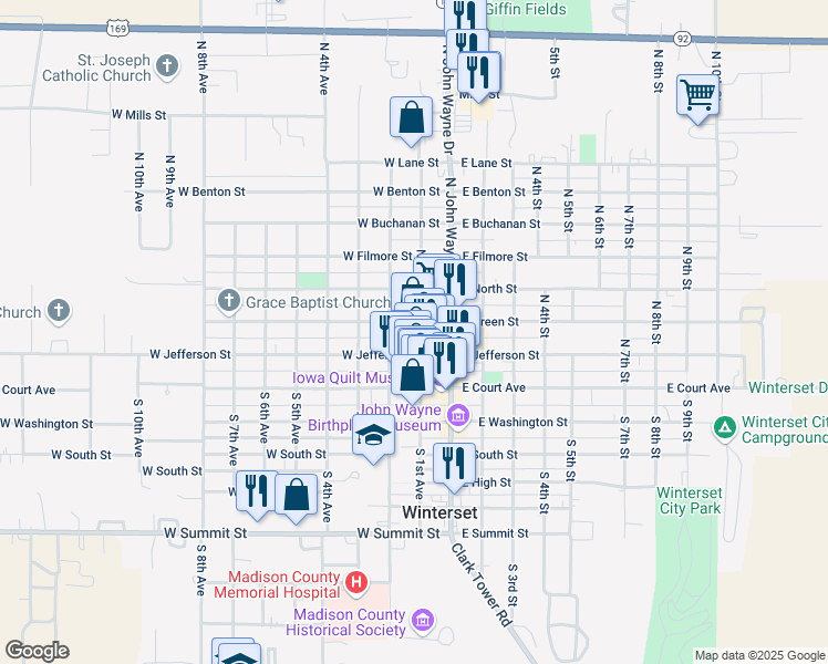 map of restaurants, bars, coffee shops, grocery stores, and more near 115 West Jefferson Street in Winterset