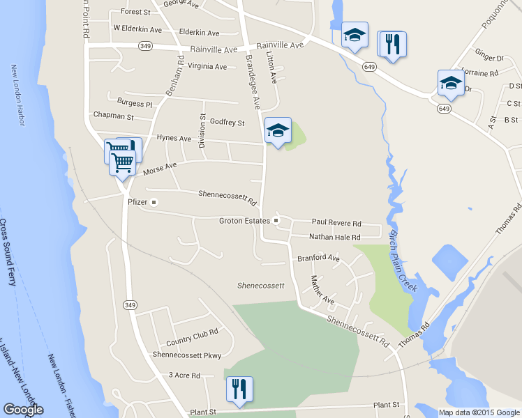 map of restaurants, bars, coffee shops, grocery stores, and more near Shennecossett Road & Brandegee Avenue in Groton