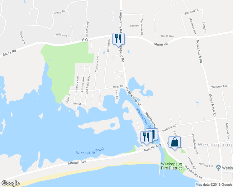 map of restaurants, bars, coffee shops, grocery stores, and more near 5 Ricci Road in Westerly