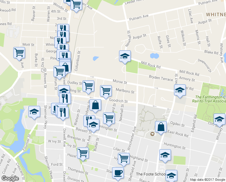 map of restaurants, bars, coffee shops, grocery stores, and more near 90 Marlboro Street in Hamden
