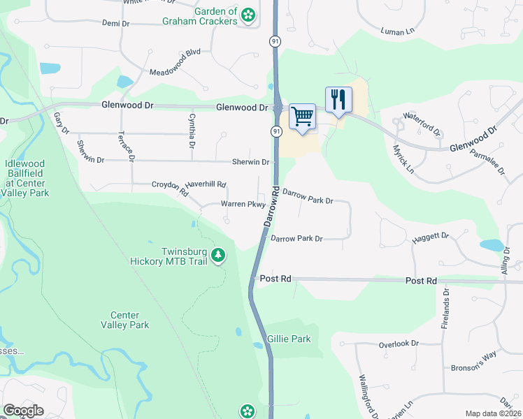 map of restaurants, bars, coffee shops, grocery stores, and more near 2477 Warren Parkway in Twinsburg