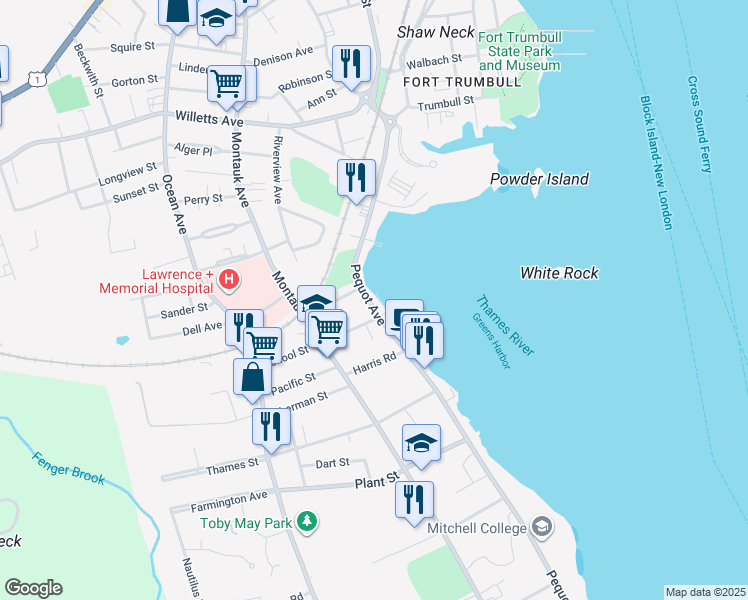 map of restaurants, bars, coffee shops, grocery stores, and more near 184 Pequot Avenue in New London