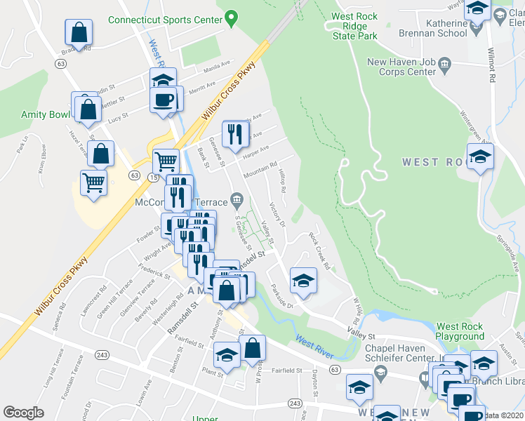 map of restaurants, bars, coffee shops, grocery stores, and more near 491 Valley Street in New Haven