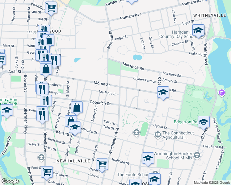 map of restaurants, bars, coffee shops, grocery stores, and more near 962 Winchester Avenue in Hamden