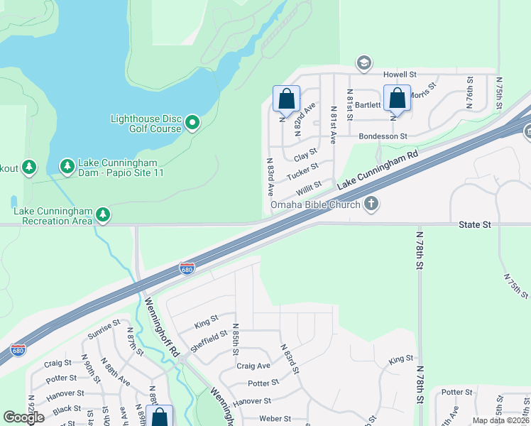 map of restaurants, bars, coffee shops, grocery stores, and more near Interstate 680 in Omaha