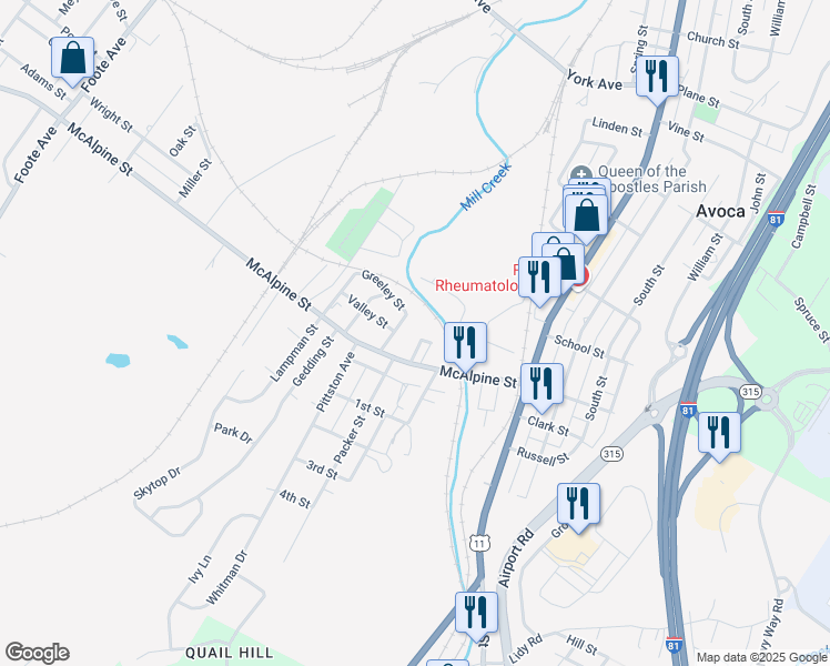 map of restaurants, bars, coffee shops, grocery stores, and more near 711 McAlpine St in Avoca