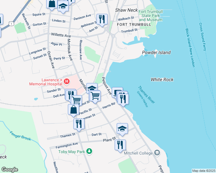 map of restaurants, bars, coffee shops, grocery stores, and more near 184 Pequot Avenue in New London