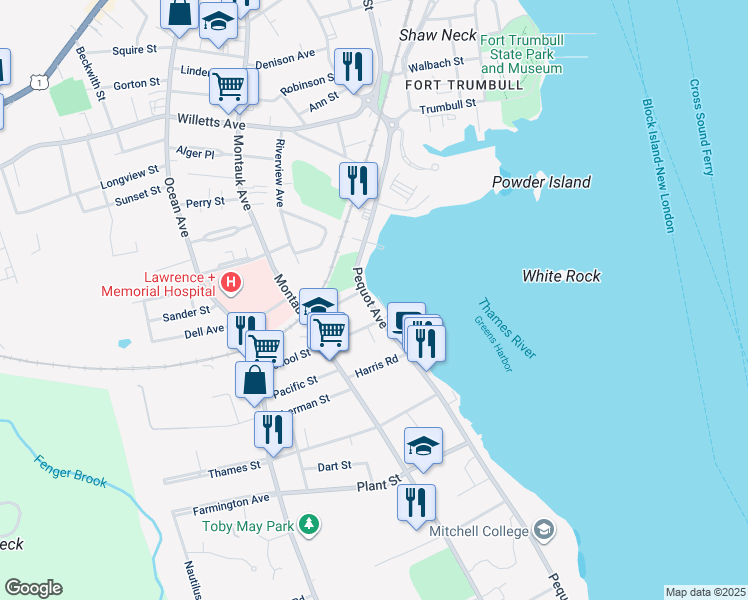 map of restaurants, bars, coffee shops, grocery stores, and more near 178 Pequot Avenue in New London