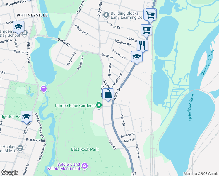 map of restaurants, bars, coffee shops, grocery stores, and more near 59 Ridge Road in Hamden
