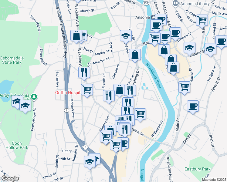 map of restaurants, bars, coffee shops, grocery stores, and more near 40 Howard Avenue in Ansonia