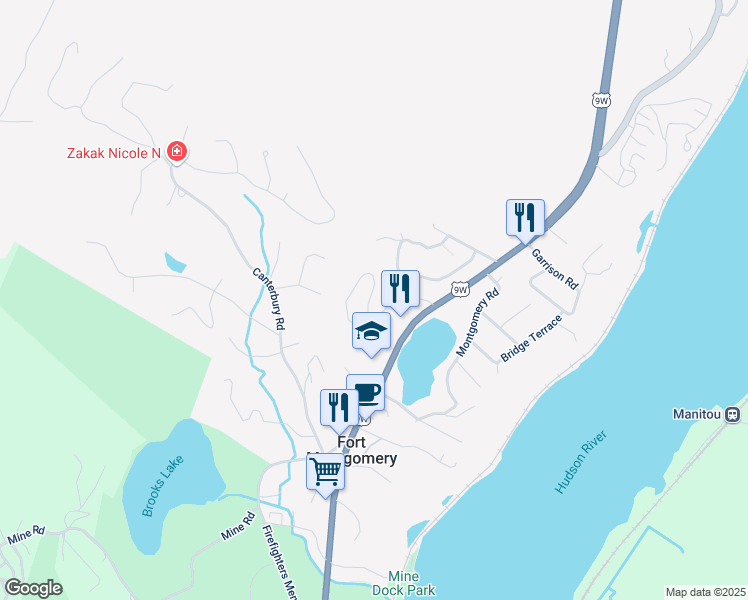 map of restaurants, bars, coffee shops, grocery stores, and more near 74 Corbin Hill Road in Fort Montgomery