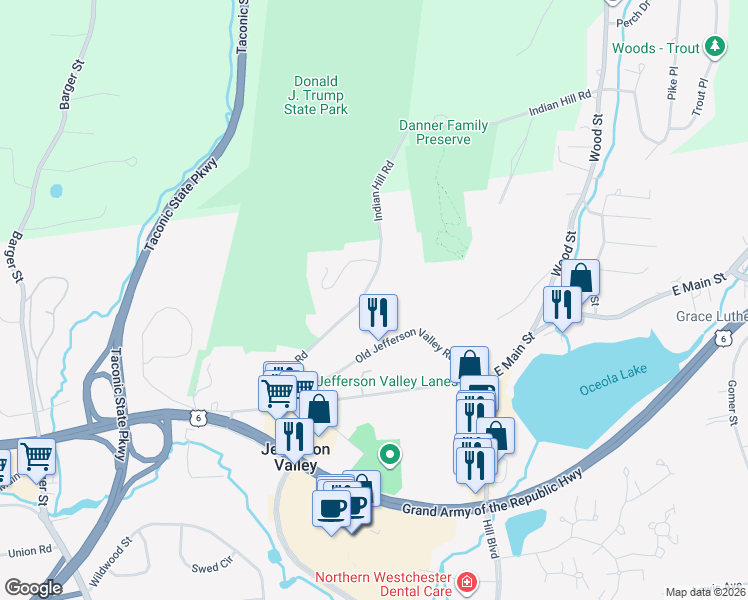 map of restaurants, bars, coffee shops, grocery stores, and more near 3854 Indian Hill Road in Shrub Oak