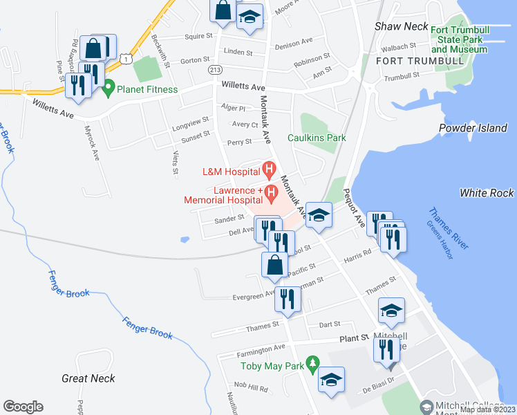 map of restaurants, bars, coffee shops, grocery stores, and more near 365 Montauk Avenue in New London
