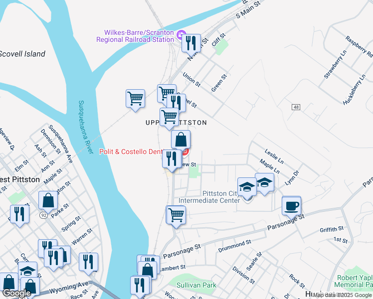 map of restaurants, bars, coffee shops, grocery stores, and more near 110 Cornelia St in Pittston