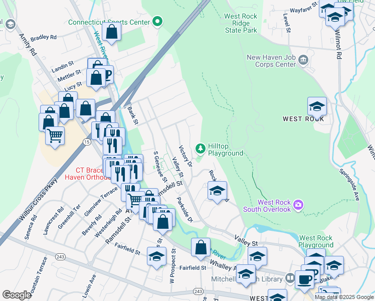 map of restaurants, bars, coffee shops, grocery stores, and more near 28 Hilltop Road in New Haven