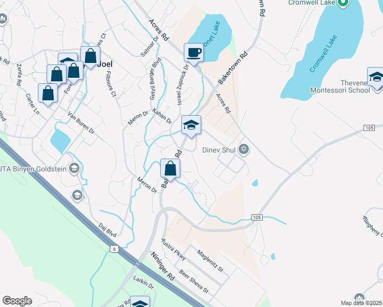 map of restaurants, bars, coffee shops, grocery stores, and more near 1 Dinev Court in Kiryas Joel