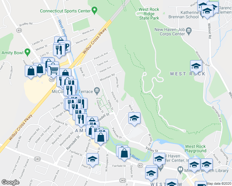 map of restaurants, bars, coffee shops, grocery stores, and more near 28 Hilltop Road in New Haven