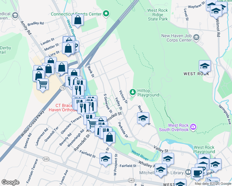 map of restaurants, bars, coffee shops, grocery stores, and more near 523 Valley Street in New Haven