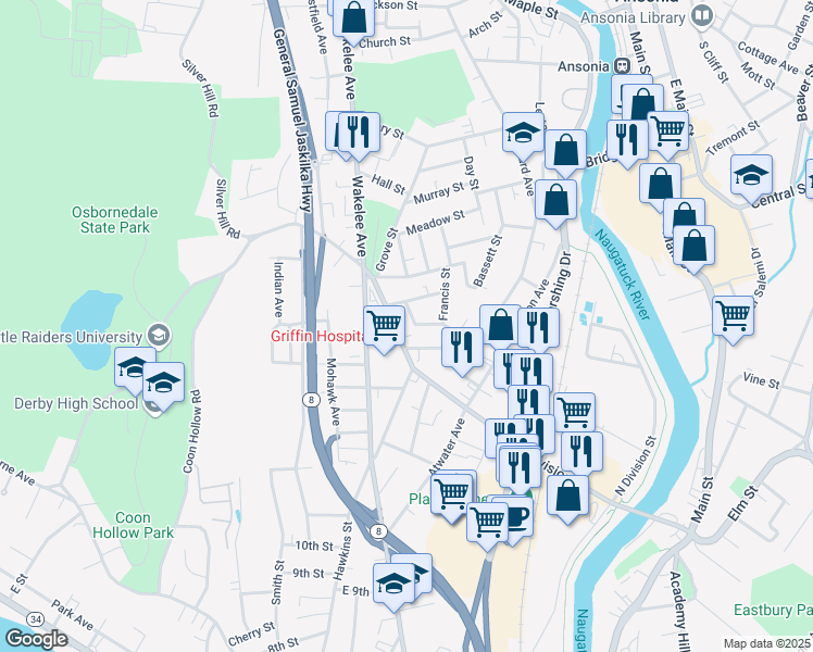 map of restaurants, bars, coffee shops, grocery stores, and more near 157 Division Street in Ansonia