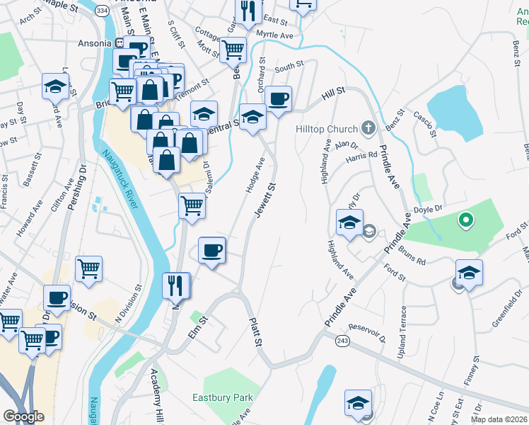 map of restaurants, bars, coffee shops, grocery stores, and more near 82 Jewett Street in Ansonia