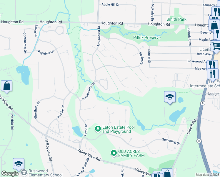 map of restaurants, bars, coffee shops, grocery stores, and more near 415 Woodside Drive in Northfield