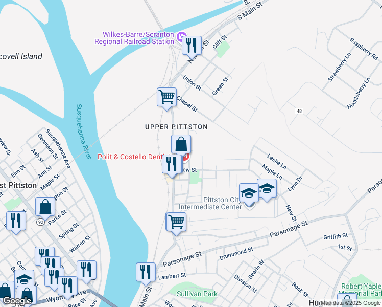 map of restaurants, bars, coffee shops, grocery stores, and more near 109 Cornelia St in Pittston