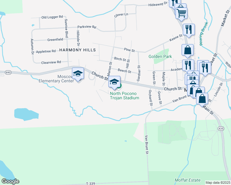 map of restaurants, bars, coffee shops, grocery stores, and more near 701 Church Street in Moscow