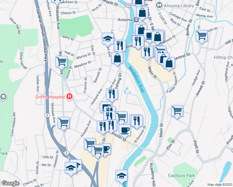 map of restaurants, bars, coffee shops, grocery stores, and more near 98 Clifton Avenue in Ansonia