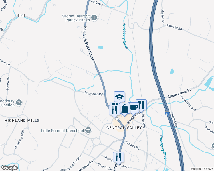 map of restaurants, bars, coffee shops, grocery stores, and more near 348 New York 32 in Woodbury