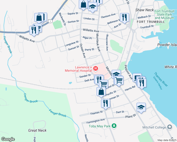 map of restaurants, bars, coffee shops, grocery stores, and more near 350 Ocean Avenue in New London