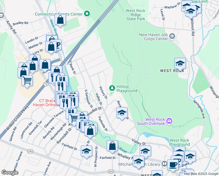 map of restaurants, bars, coffee shops, grocery stores, and more near 28 Hilltop Road in New Haven