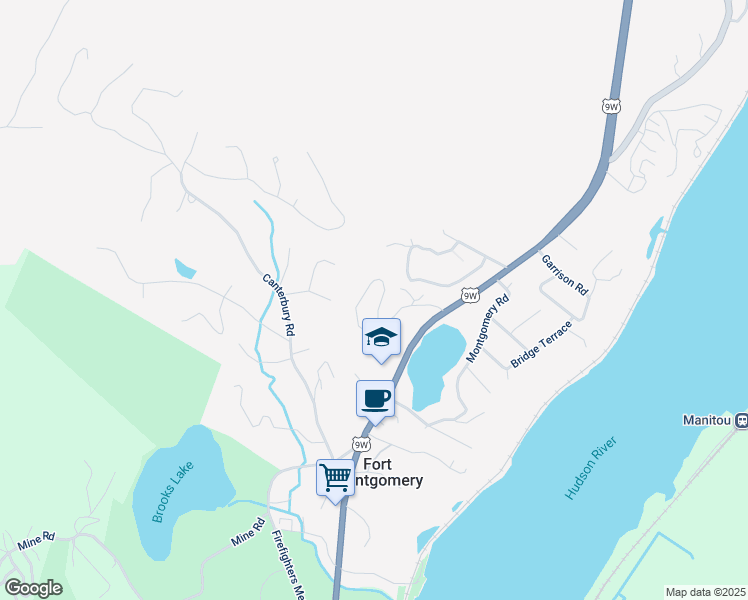 map of restaurants, bars, coffee shops, grocery stores, and more near 74 Corbin Hill Road in Fort Montgomery