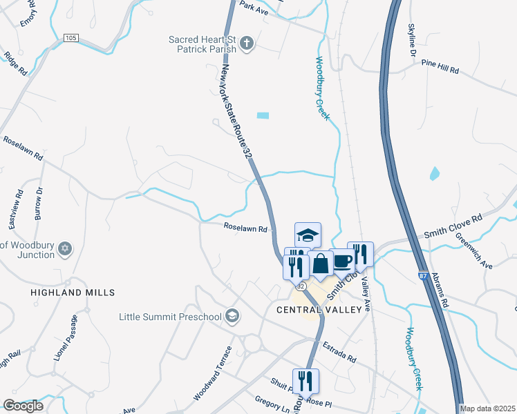 map of restaurants, bars, coffee shops, grocery stores, and more near 349 New York 32 in Woodbury