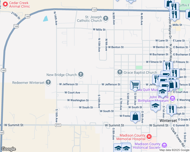 map of restaurants, bars, coffee shops, grocery stores, and more near 1031-1139 West Jefferson Street in Winterset