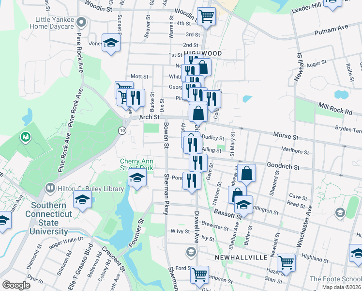 map of restaurants, bars, coffee shops, grocery stores, and more near 16 Easton Street in Hamden